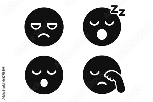 Sleepy face solid glyph icon set. Tired emoji with sleepy expressions, droopy eyes, yawning, snoring and rubbing eye. Fatigue and burnout concept vector illustration.