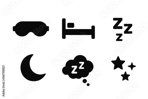 Sleep and night time solid glyph icon set. Simple flat vector illustration of a bed, sleeping mask, moon, stars, and zzz snoring symbol. For bedtime, dream, or relaxation concepts.