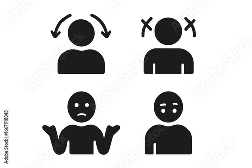 Nonverbal cue solid glyph icon set. Body language and communication concept. Nodding for yes, shaking head for no, shrugging shoulders, and a raised eyebrow for surprise or doubt.