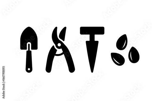 Small-space farming tools glyph icon set. Solid vector silhouette of hand spade, pruning shears, secateurs, planting dibber, and seeds. Urban gardening and horticulture concept.