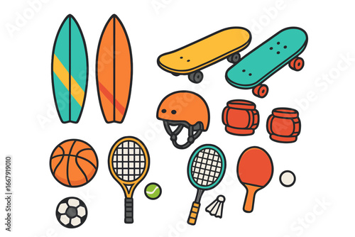 Vibrant Sports Equipment Vector Collection, Cartoon Style. Surfboards, Skateboards, Rackets, Balls, Helmet, Pads. Active Lifestyle, Leisure, Outdoor Activities, Simple Colorful Layout Design