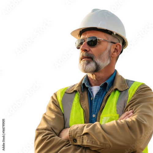 Experienced construction worker with hard hat and safety vest looking confidently into the distance transparent background