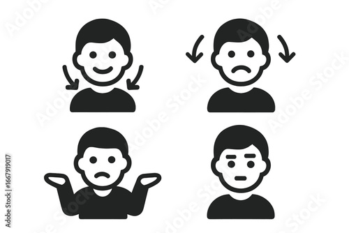 Nonverbal communication icon set. Body language gestures, nodding for yes, shaking head for no, shrugging, and raised eyebrow for skepticism. Man avatar vector signs.