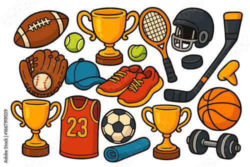 Big set of sport equipment. Football, basketball, baseball, hockey, tennis. Fitness gear, trophy cup. Cartoon vector icons for championship, competition or activity concept.