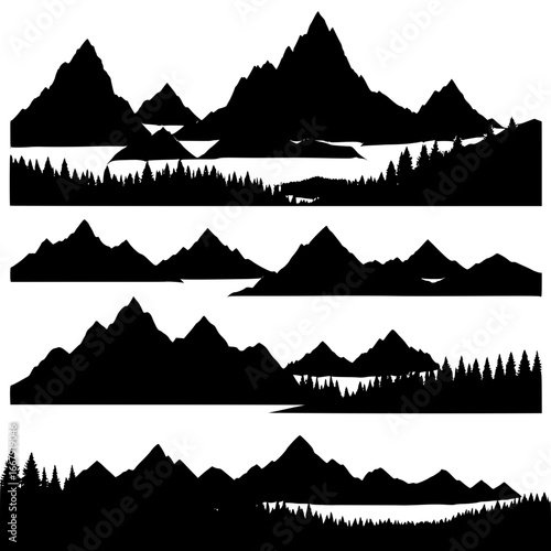 Silhouette of four mountain ranges with trees and water landscapes