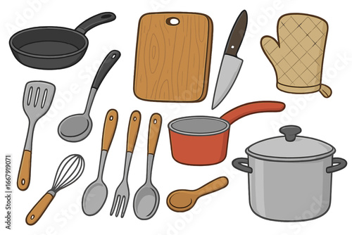 Kitchen utensils vector icon set. Cooking tools and equipment for meal preparation. Cookware, cutlery, and kitchenware collection. Cartoon illustration for culinary concepts.