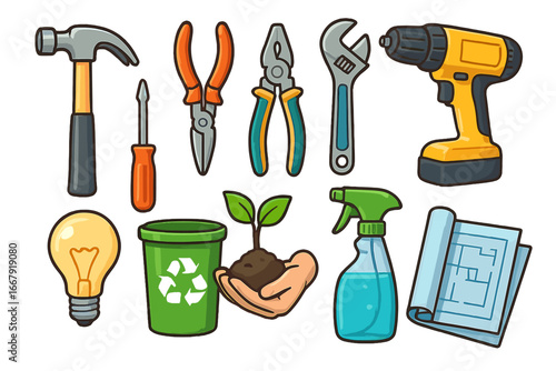 Vector illustration of DIY home maintenance tools, garden care items, recycling bin, light bulb, blueprint, drill, hammer, pliers, screwdriver, sprayer, hand nurturing plant on white background