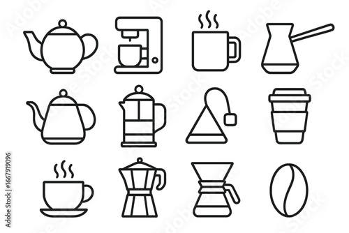 Linear Icons Set of Tea and Coffee Brewing Tools, Accessories and Cups. Outline Vector Collection Includes Teapots, Coffee Makers, Mugs, French Press, Kettle, Chemex, Gooseneck, Turkish Pot