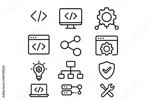 Coding and Software Development Outline Icon Set. Web Programming, Network, Data Flow, Computer Hardware, Maintenance, Security, Creative Innovation Symbols Collection. Vector Illustration.