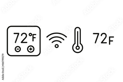 Smart thermostat outline icon set. Home automation system with climate control. HVAC remote temperature regulation. Vector icons for UI design, Wi-Fi, thermometer display.