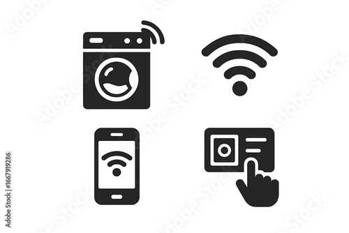 Smart laundry solid glyph icon set. Vector icons for smart home technology, IoT washer, wireless remote control via smartphone app, Wi-Fi signal, and touch screen UI.
