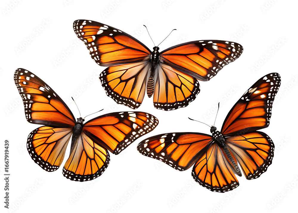 Obraz premium Three monarch butterflies flying isolated on transparent background