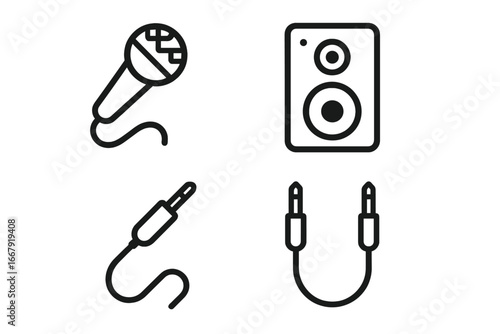 Music equipment outline icon set. Microphone, speaker, audio jack, and cable vector icons. Sound recording, studio, podcast, and DJ gear line art illustration. Simple mono line.