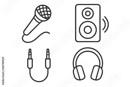 Music equipment outline icon set. Audio production symbols. Microphone, speaker, headphones, jack cable pictogram. Sound recording and listening linear vector illustration.