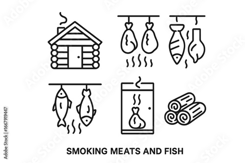 Smoking food icon set. Outline icons of smokehouse, hanging meat, smoked fish, smoker chamber, wood. Vector for barbecue, gourmet, delicatessen, meat processing industry.