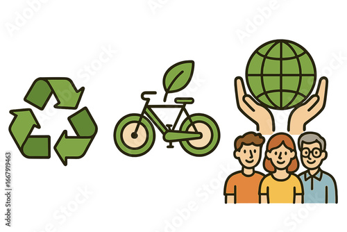 Sustainability concept icons. Recycling symbol, eco friendly transportation, community action. Vector illustration for green living, environmental care & protecting the planet.
