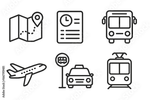 Transportation Travel Vector Icon Set. Map Navigation, Schedule, Bus, Taxi, Plane, Tram, Public Transit, Journey Planning, Route Location, Transport Symbols. Line Outline Collection