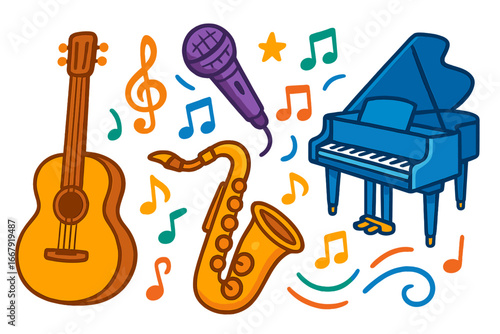 Set of musical instruments and notes in a vibrant cartoon style. Guitar, piano, saxophone, and microphone symbolizing creativity and art. Vector illustration for music lovers.