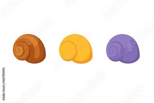 Snail shell icon set vector collection. Isometric flat graphic illustration of colorful garden, apple, and mystery snail shells. Aquatic gastropod mollusk wildlife nature concept.