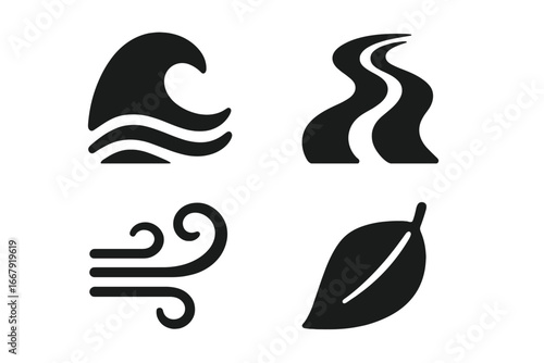 Nature fluid icons. Solid glyph set of 4 natural movement symbols: ocean wave, flowing river, wind swirl, leaf. Vector pictogram for ecology, weather, and environment concepts.