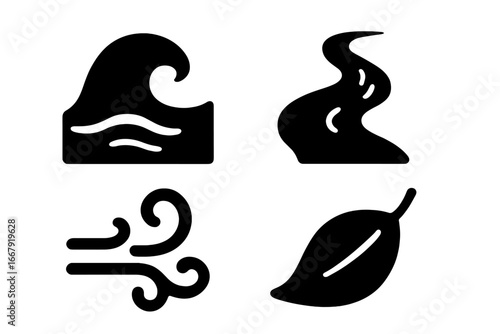 Nature icons set solid glyph collection. Fluid natural movement symbols. Ocean wave, flowing river, wind swirl, autumn leaf. Ecology environment weather concept vector design.