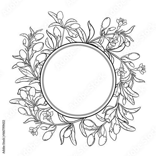 Goji Branch with Flowers, Berries and Leaves Outline Round Frame. Organic natural nutritional healthy food ingredient, vegetarian diet product. Vector isolated for design or decoration.