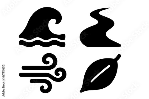 Four elements of nature icon set. Solid glyph pictograms of water wave, earth leaf, air wind, and flowing river. Fluid natural symbols for ecology and environment concepts.