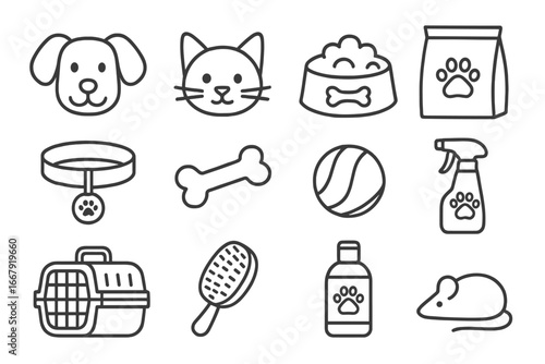 Pet care icon set. Line art collection of essential items for dogs and cats. Vector illustration of grooming tools, food, toys, and accessories for pets in a simple style.