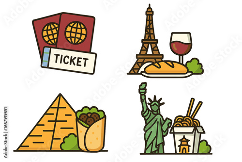 Travel essentials vector illustration, passports, tickets, world famous landmarks, international food experiences, cultural cuisine, tourism icons, sightseeing, adventure, cartoon, set of 4