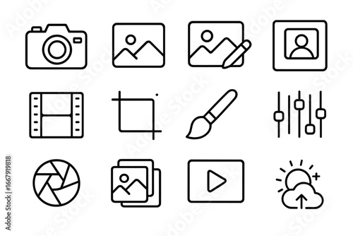 Photography and multimedia linear icon set. Camera, photo editing, and video digital icons. Vector line collection for web design, app interface. Crop, gallery, upload symbols.