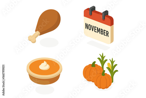 Thanksgiving dinner isometric icon set. November holiday symbols. Autumn harvest celebration concept. Turkey leg, pumpkin pie, calendar and corn flat vector illustration.