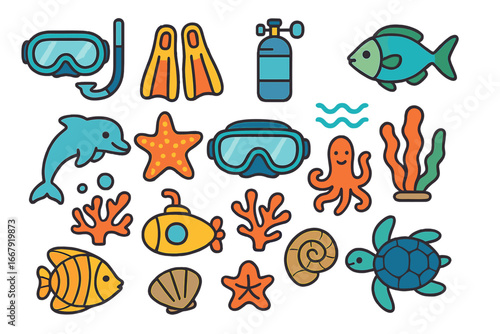 Sea life and diving icon collection. Cute cartoon vector set of marine animals like fish, dolphin, turtle, octopus. Includes snorkel, fins, submarine, coral, and shells.