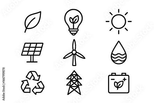 Renewable energy line icon set. Eco, green technology, sustainability. Vector icons for solar panel, wind turbine, sun power, water, recycle, battery, leaf symbol.
