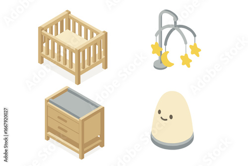 Baby room isometric icon set. Nursery furniture and decor elements. Vector illustration of a crib, changing table, baby mobile, and night light. Newborn childcare concept.