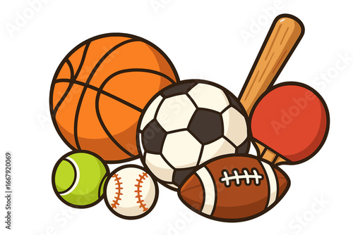Sports equipment set. Collection of game balls. Basketball, soccer, football, baseball, tennis. Ping pong paddle and bat. Vector cartoon illustration isolated on white background.
