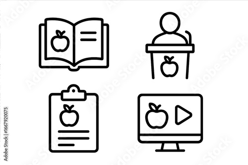 Nutrition education line icon set. Concepts for healthy eating course, diet plan, and online learning. Vector symbols for health lecture, food science study, webinar, and wellness coaching.