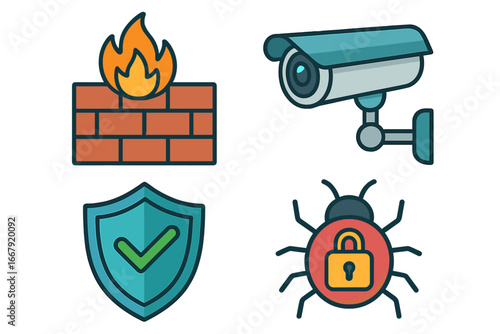 Cybersecurity vector icon set. Firewall, surveillance camera, antivirus shield, and malware bug symbols. Internet security, data protection, and network safety concept cartoon.