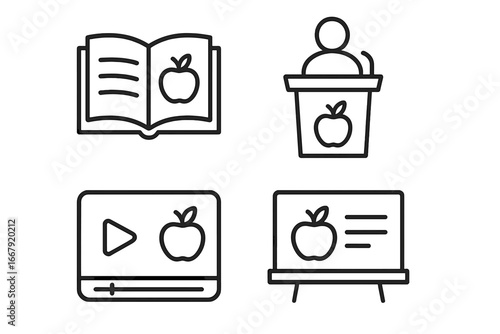 Nutrition education resources icon set. Healthy eating, diet course, online tutorial, webinar, and lecture concept. Food literacy and dietitian symbols. Line vector illustration.