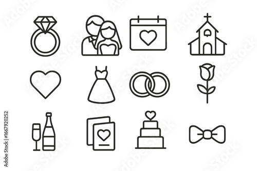 Wedding and Marriage Outline Icon Set. Elegant Ceremony Symbols Including Rings, Church, Bride, Groom, Calendar, Flowers, Champagne, Invitations, Cake, Dress, Transparent Background Vector