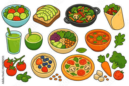 Vegan food set vector cartoon illustration. Plant-based meals and ingredients collection. Healthy vegetarian lifestyle concept. Icons of salad, bowl, pizza, wrap, soup, smoothie.