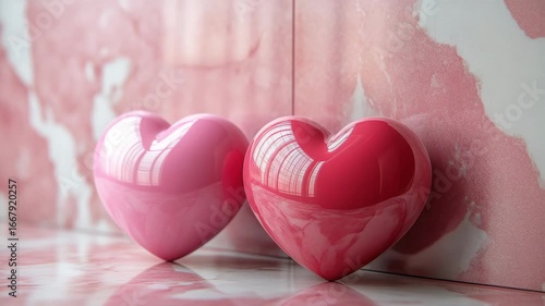 Glossy pink and red heart shapes with smooth shiny surfaces reflect soft light on marble background creating romantic love atmosphere with tender reflections and glossy textures