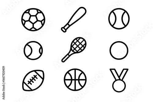Sports and recreation outline icon set. Soccer, baseball, tennis, football, basketball. Thin line vector pictograms. Minimalist sport equipment symbols for competition.