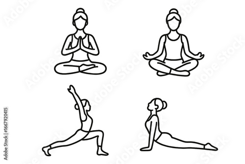 Yoga pose linear icon collection. Meditation, wellness, fitness, mindfulness, and relaxation vector symbols. Minimal outline illustrations. Health, calm, stretching, workout, body exercise.