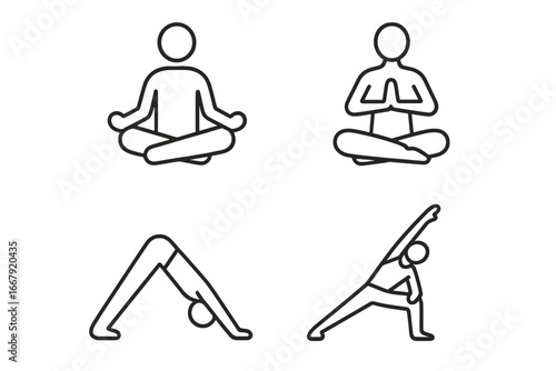 Yoga pose linear icon set. Meditation wellness fitness outline symbols. Vector cartoon illustration. Minimalist yoga positions. Mindfulness relaxation. Transparent background collection.