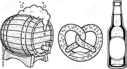 Hand drawn black and white beer set with barrel, pretzel, and bottle for illustration and design