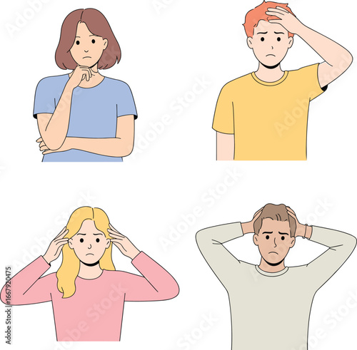 Gestural emotions illustration, expressive cartoon characters, mental stress concept, colorful flat design, emotional poses, vector art, communication theme
