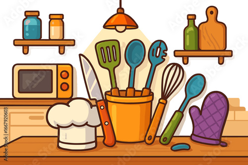 Kitchen utensils and chef hat on a wooden counter. Cooking, culinary, and gastronomy concept. Vector illustration of professional kitchenware, tools for food preparation.