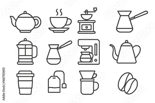 Coffee and tea line icon set. Vector symbols for brewing tools, equipment, and accessories. Barista pictograms for cafe menu design. Teapot, french press, cezve, pour over.