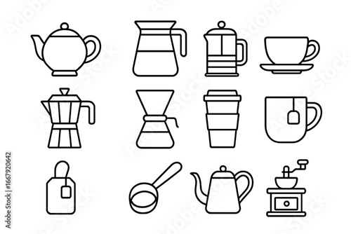 Coffee and tea line icon set. Vector symbols of brewing tools and accessories. Moka pot, french press, teapot, grinder, kettle, cup, mug. Outline pictogram collection.