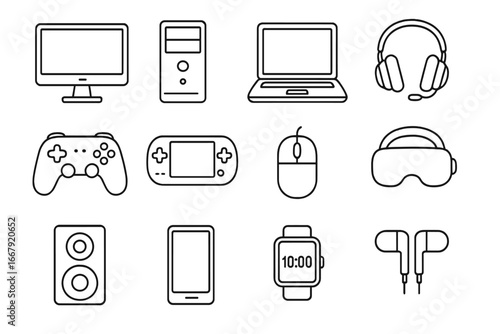 Technology and gaming outline icon set. Computer, mobile and console gadgets. Linear collection of PC, laptop, smartphone, VR headset, controller and audio devices. Vector.
